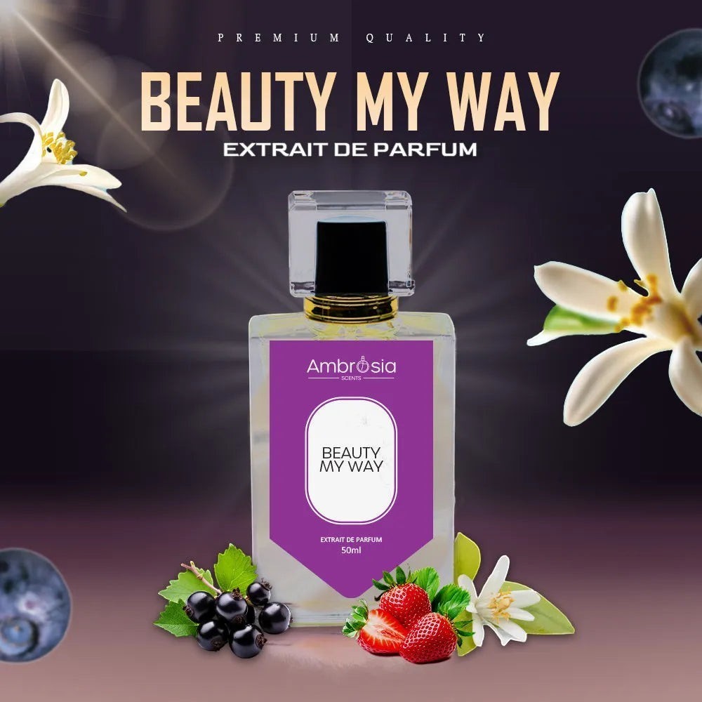 Ambrosia Scents Beauty My Way Extrait De Parfum, a luxurious fragrance with floral and fruity notes, 50ml bottle.