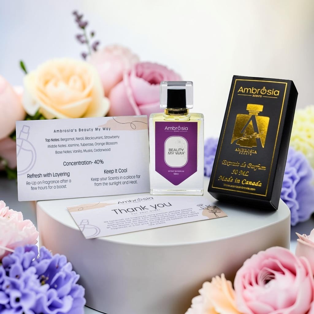 Ambrosia Scents Beauty My Way Extrait De Parfum 50ml bottle with black and gold box, featuring floral notes of jasmine and vanilla.