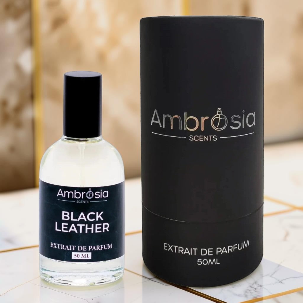 Ambrosia Scents Black Leather Extrait De Parfum 50ml bottle and black cylindrical packaging with silver logo.