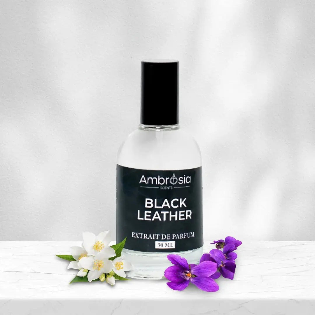 Ambrosia Scents Black Leather Extrait De Parfum 50ml bottle with violet and jasmine flowers.