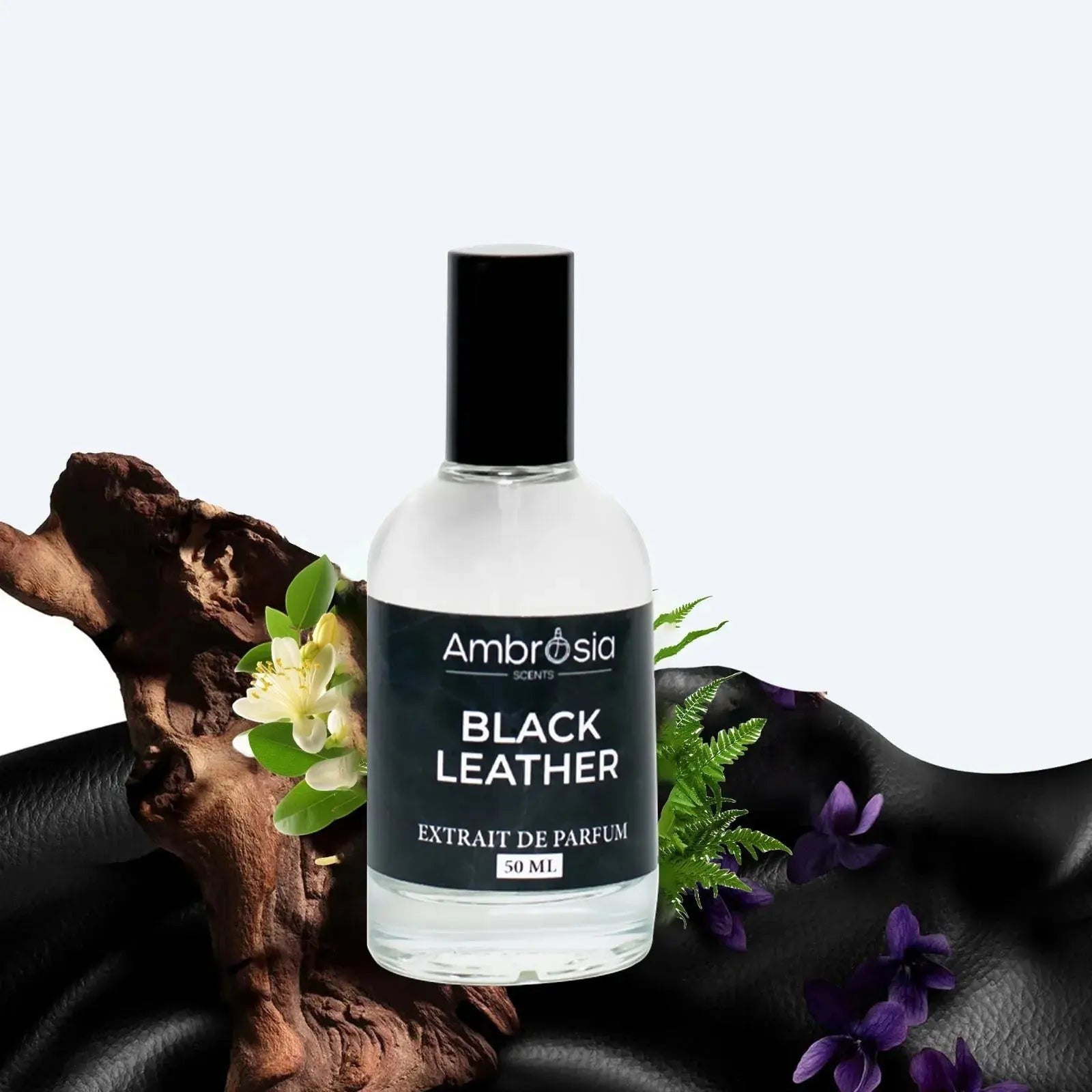 Ambrosia Scents Black Leather Extrait De Parfum 50ml bottle with leather, wood, and floral accents.
