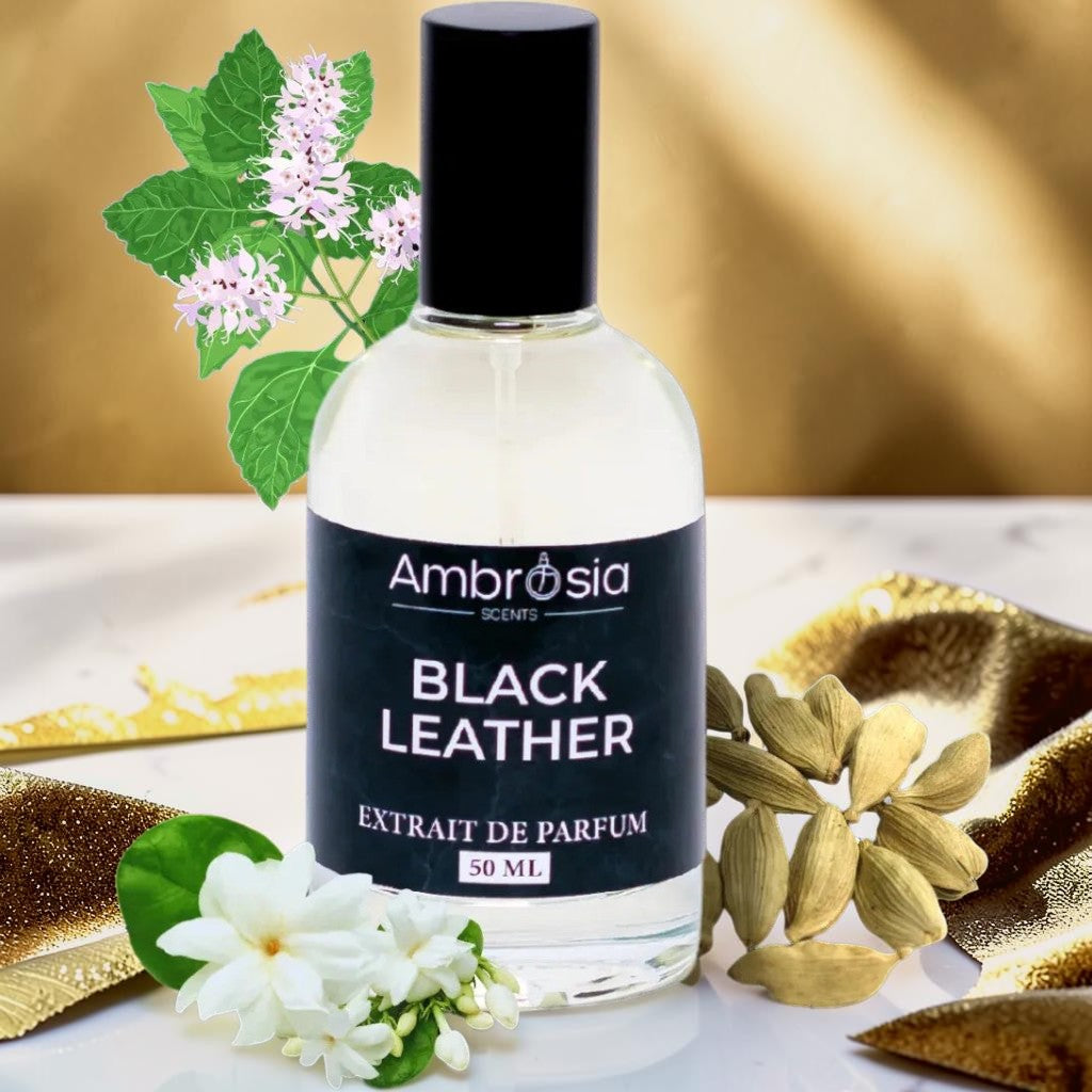Ambrosia Scents Black Leather Extrait De Parfum 50ml bottle with violet leaf, jasmine, and cardamom accents.