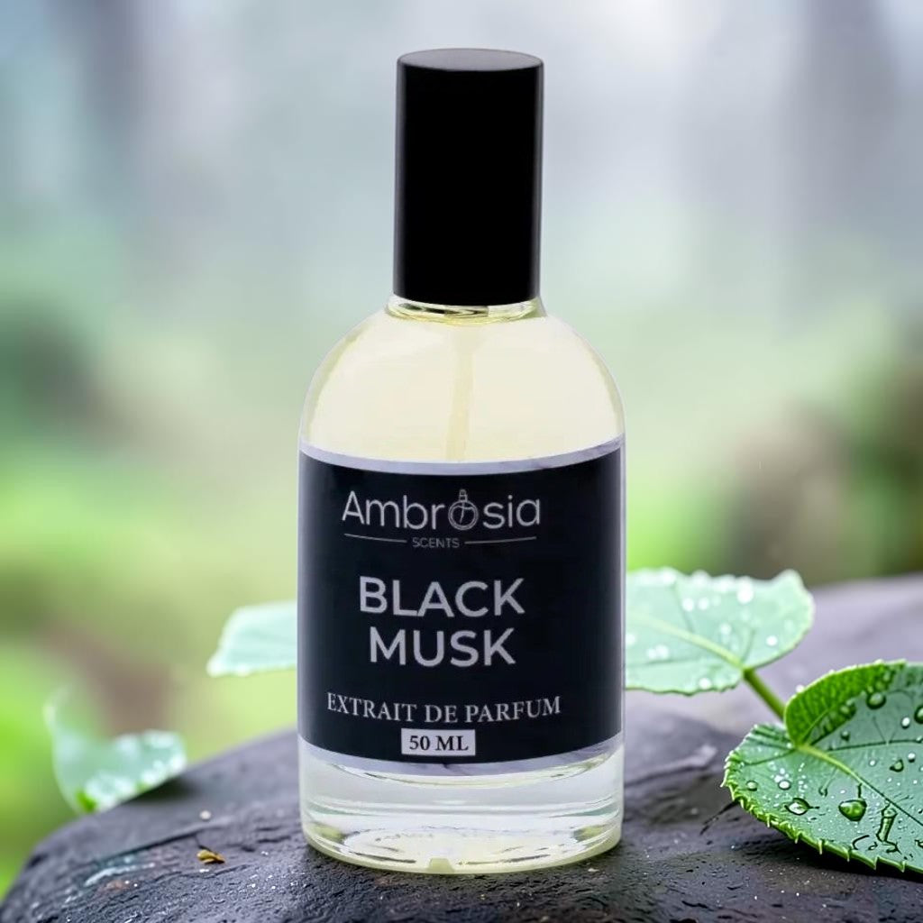 Ambrosia Scents Black Musk Extrait De Parfum 50ml bottle with black cap, inspired by Creed Aventus.