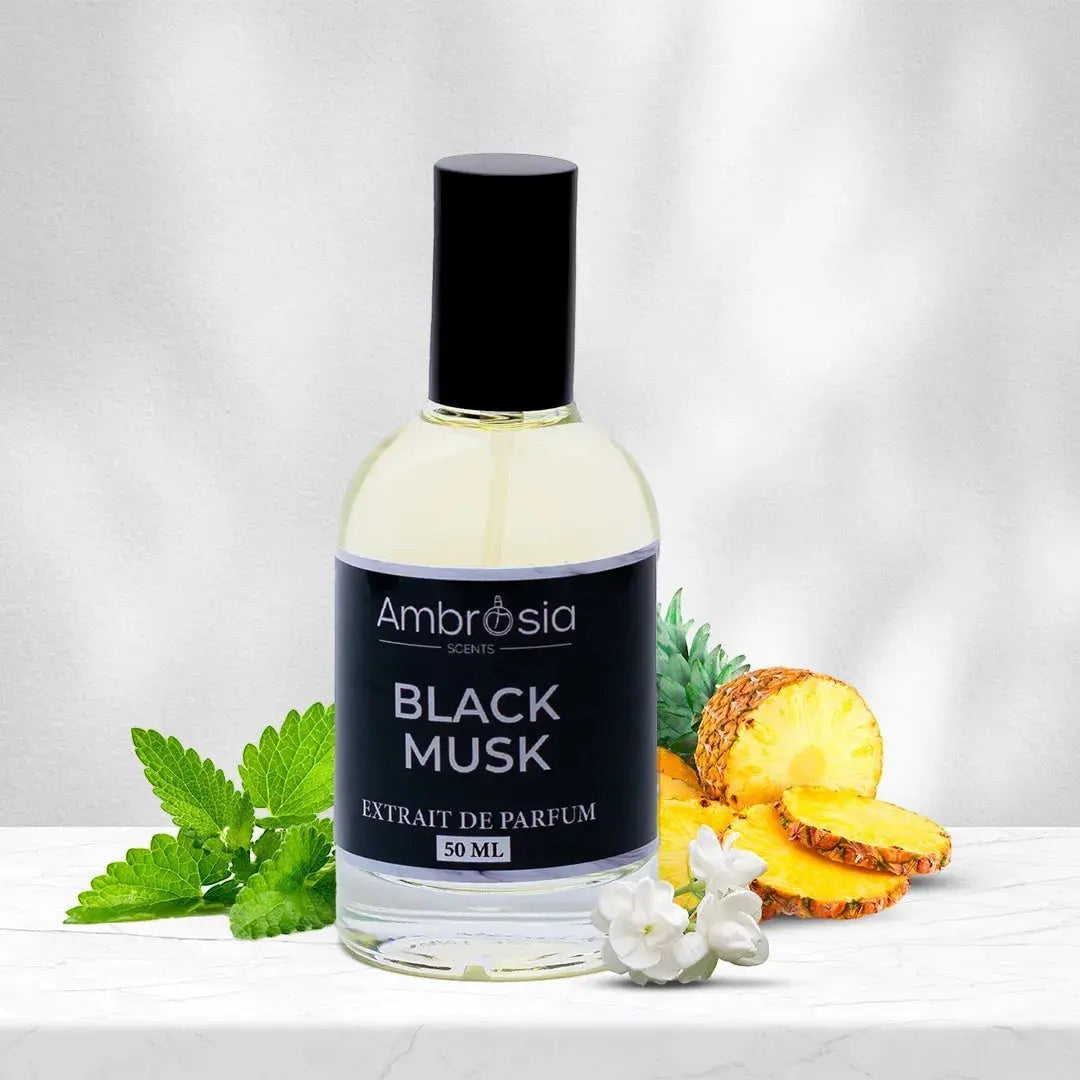 Ambrosia Scents Black Musk Extrait De Parfum 50ml bottle with pineapple slices, mint leaves, and white flowers.