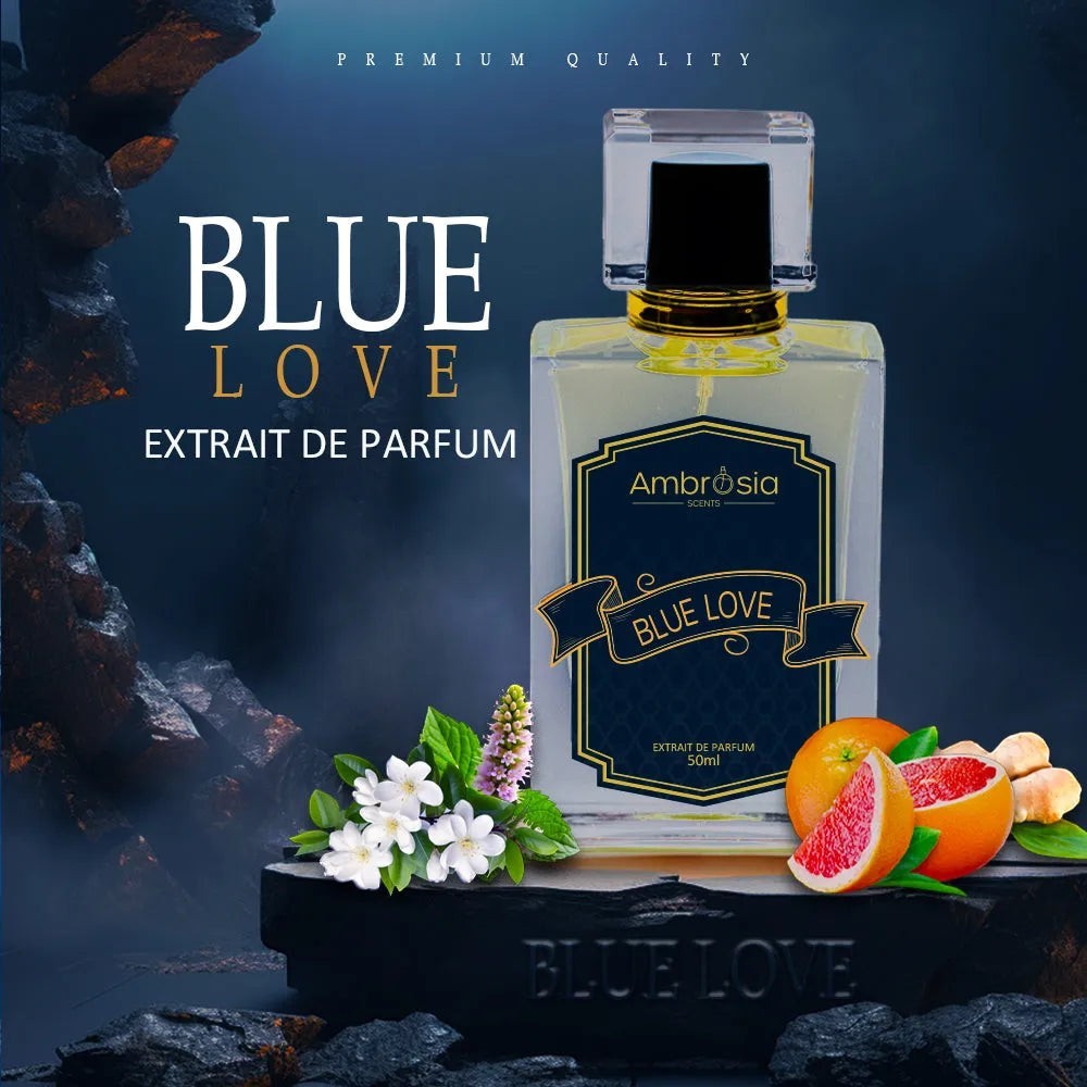 Ambrosia Scents Blue Love Extrait de Parfum 50ml bottle with grapefruit, ginger and white flowers. Citrus, spice, and wood notes.