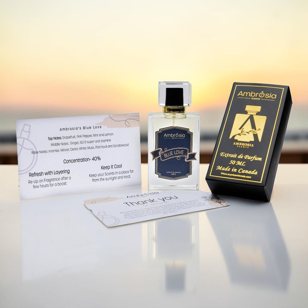 Ambrosia Scents Blue Love Extrait de Parfum 50ml bottle with notes of grapefruit, spice, and wood.