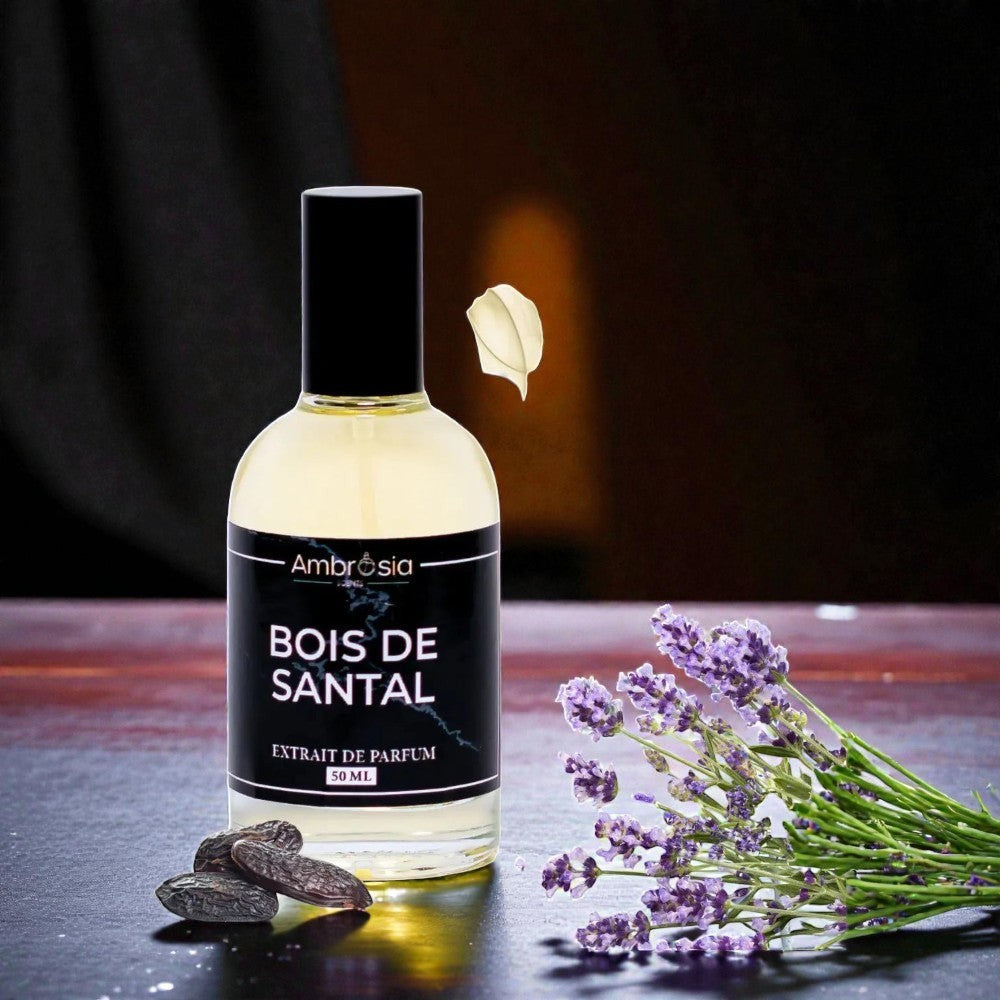 Ambrosia Scents Bois de Santal Extrait De Parfum 50ml bottle with lavender and tonka beans.
