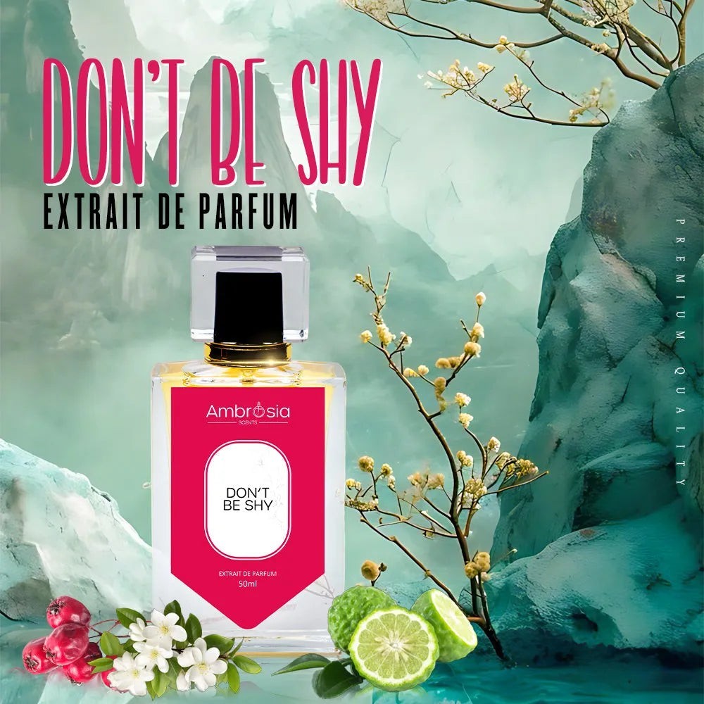 Ambrosia Scents Don't Be Shy Extrait De Parfum 50ml bottle with floral and citrus notes.