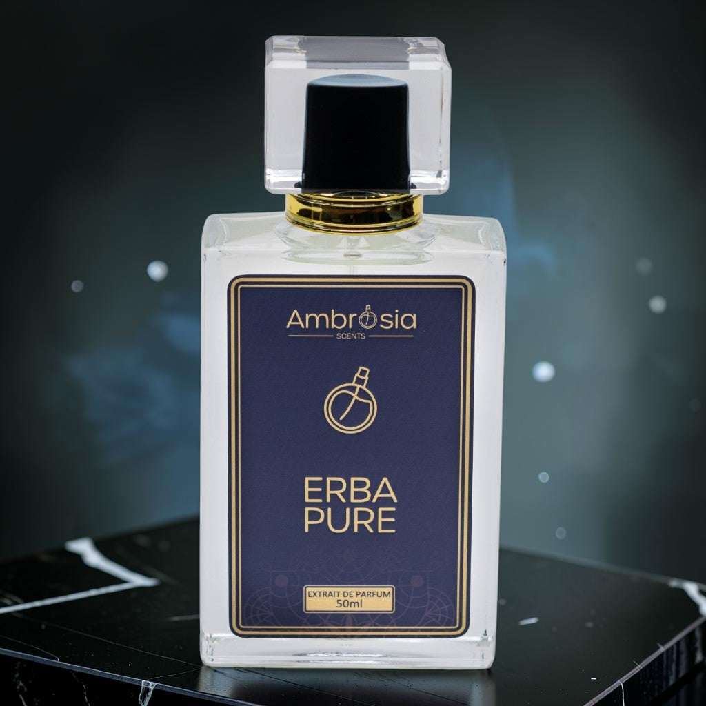 Ambrosia Scents Erba Pure perfume bottle with a clear glass, gold accents, and a navy blue label. Notes of citrus, fruit, musk, amber, and vanilla.
