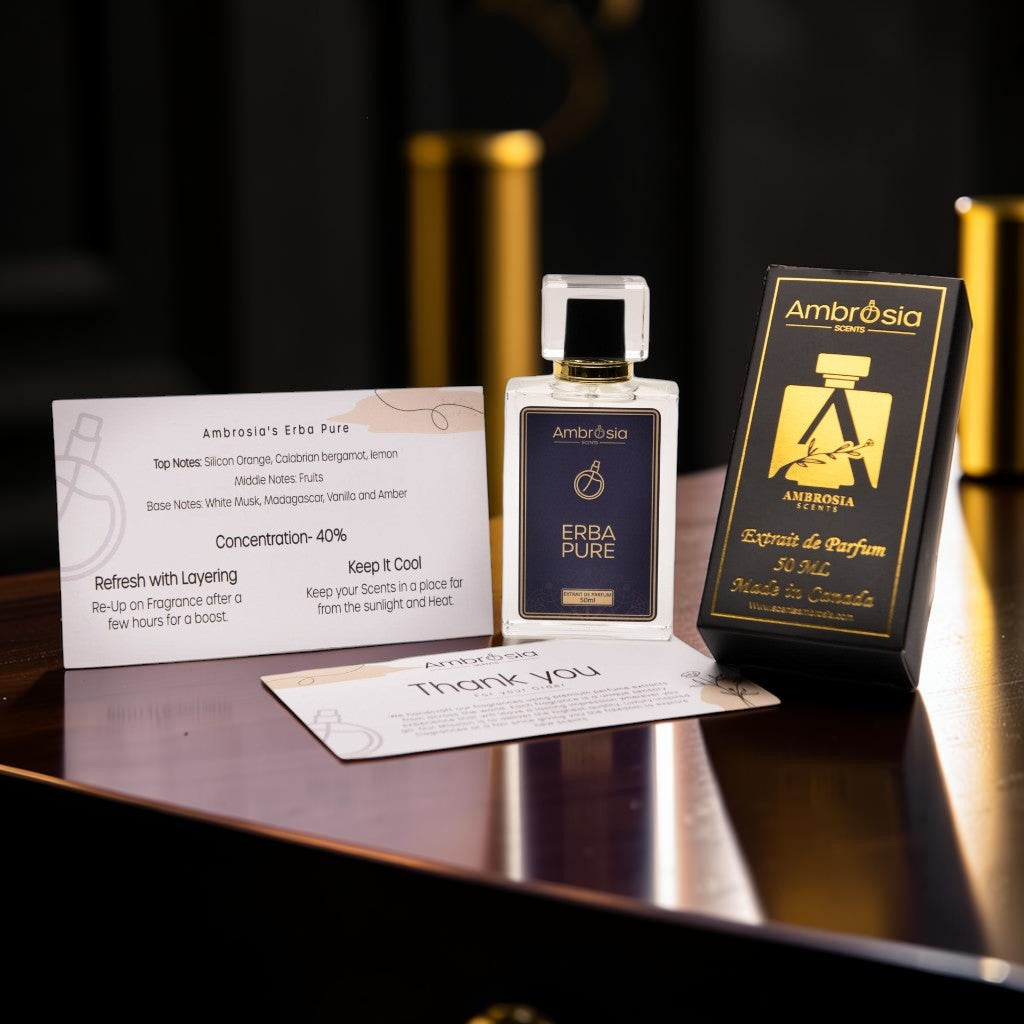 Ambrosia Scents Erba Pure perfume for women and men, featuring citrus and fruity notes with a base of musk, amber, and vanilla.