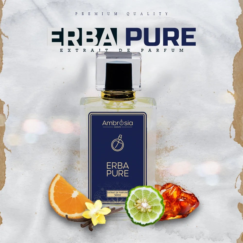 Ambrosia Scents Erba Pure Extrait de Parfum, a fruity and fresh fragrance with notes of orange, lemon, vanilla, musk, and amber.