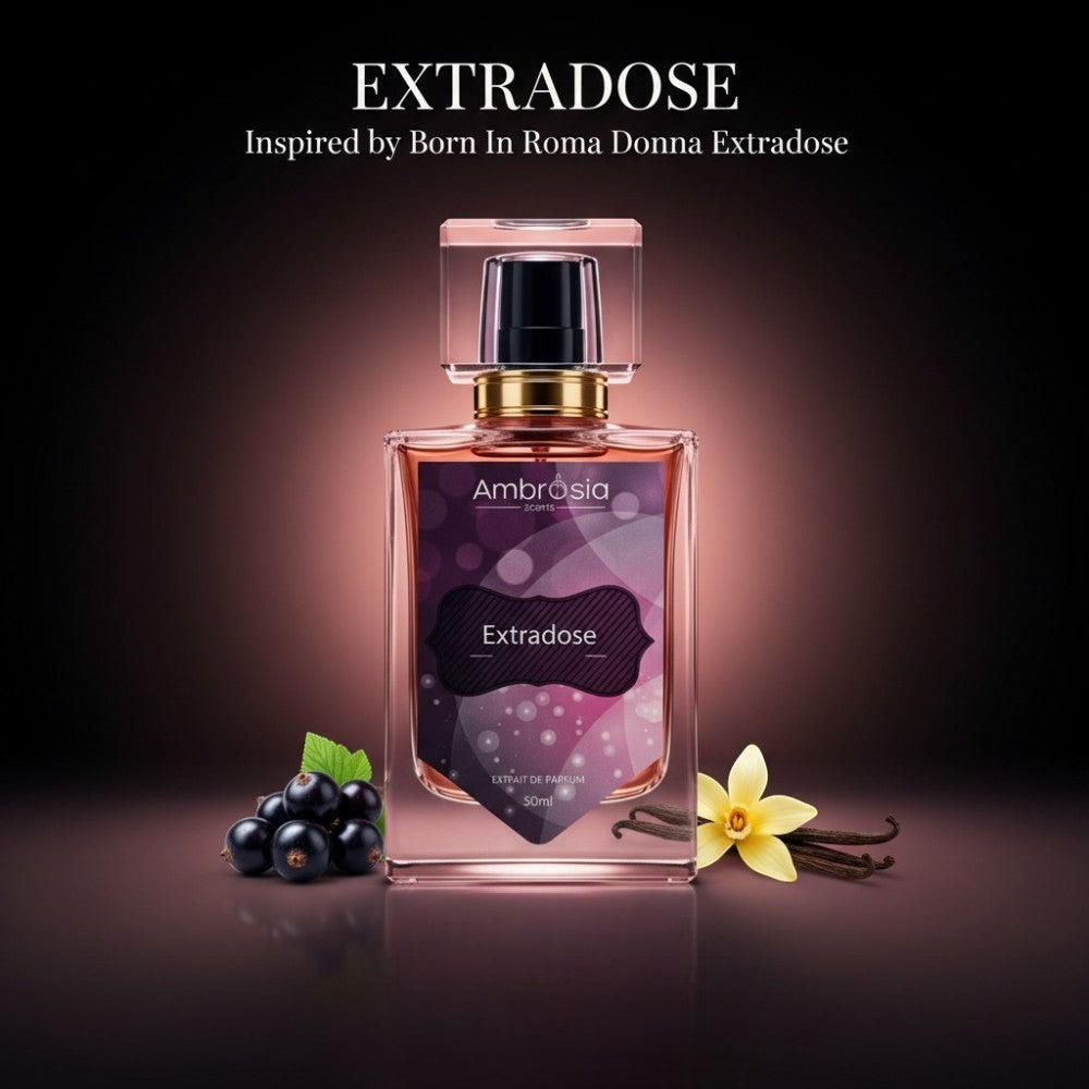 Ambrosia Scents Extradose floral amber perfume bottle with blackcurrant and vanilla notes.