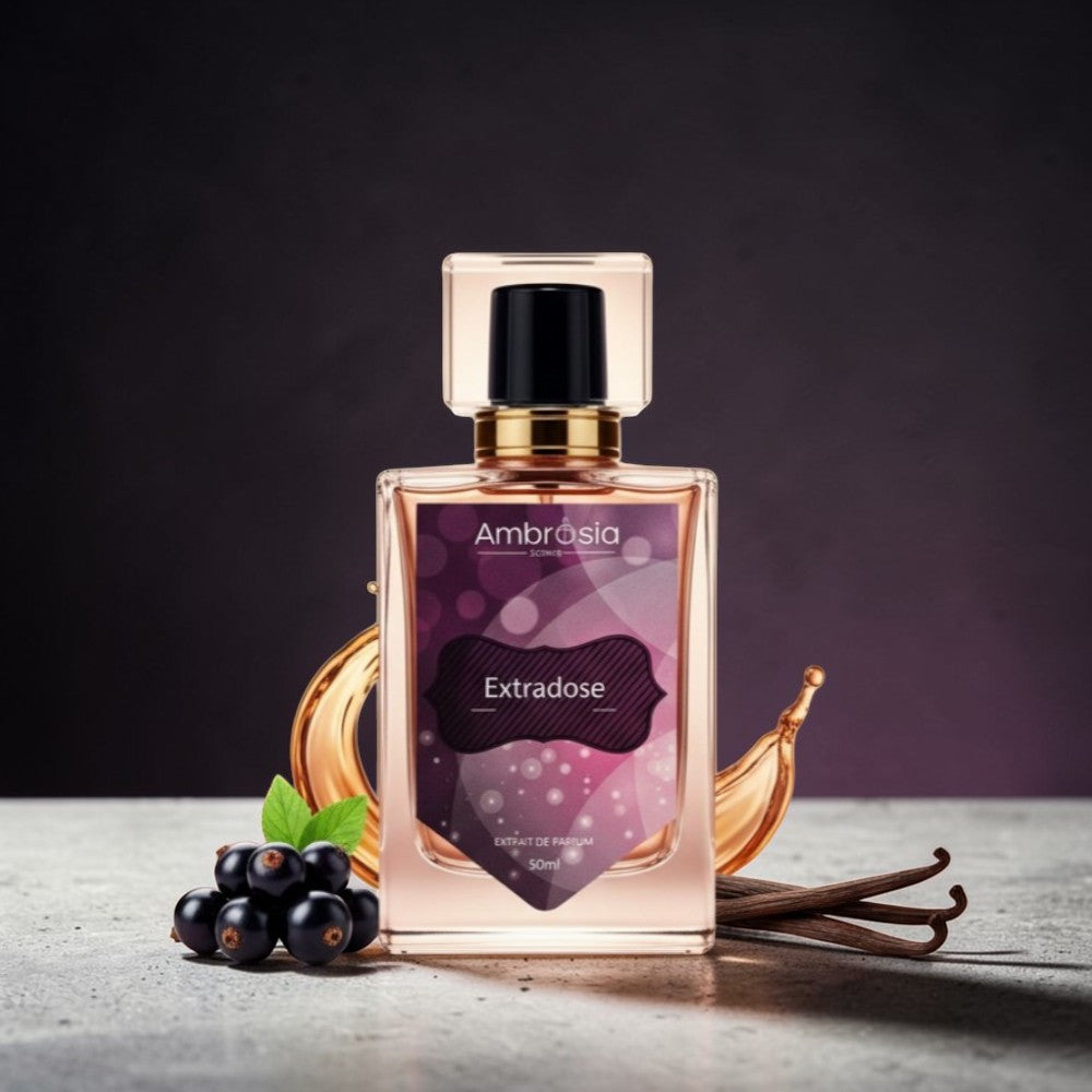 Ambrosia Scents Extradose floral amber perfume bottle with blackcurrant and vanilla notes.
