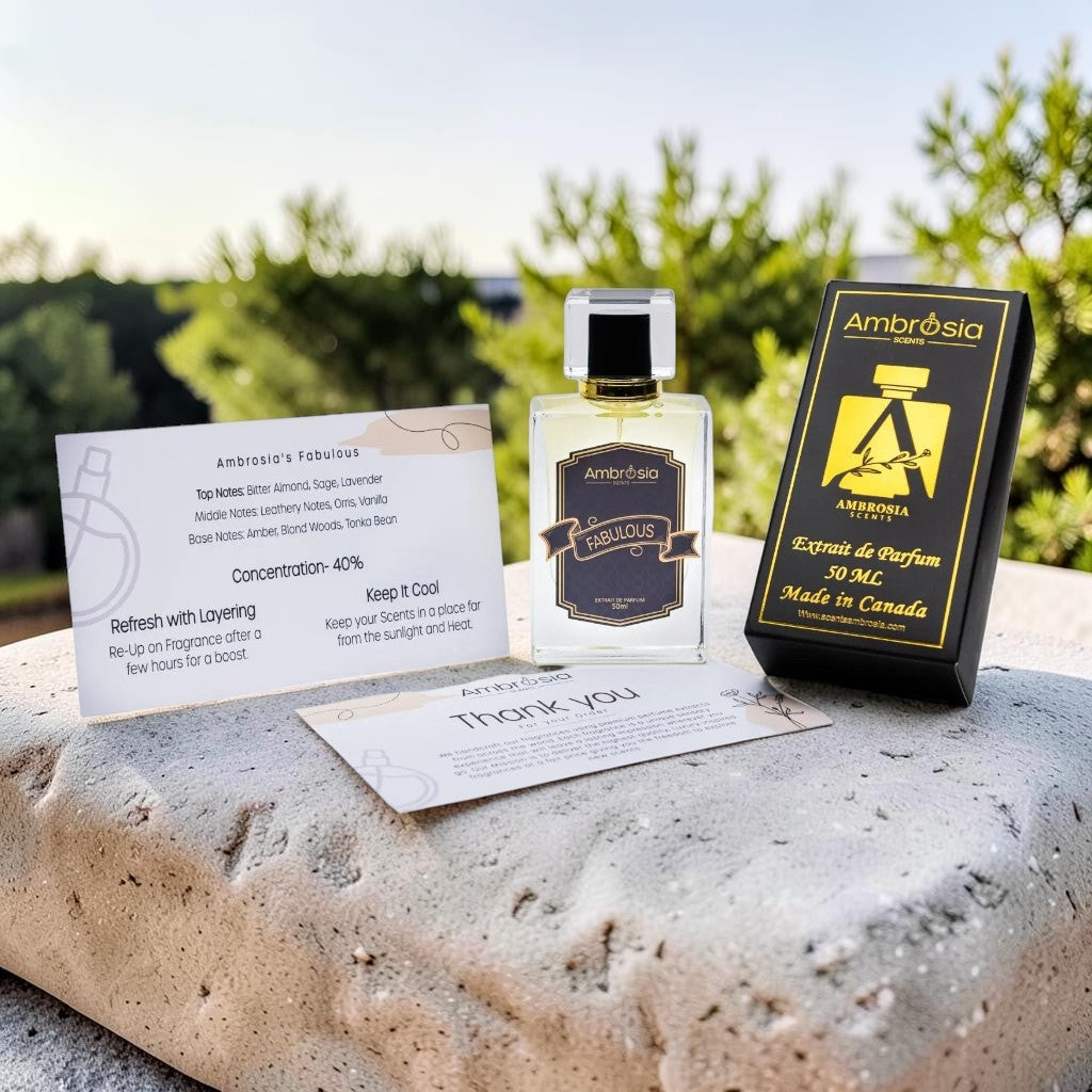 Ambrosia Scents Fabulous Extrait De Parfum 50ml bottle with black and gold box. Notes of bitter almond, sage, lavender, leather, vanilla, amber, blond wood, tonka bean.