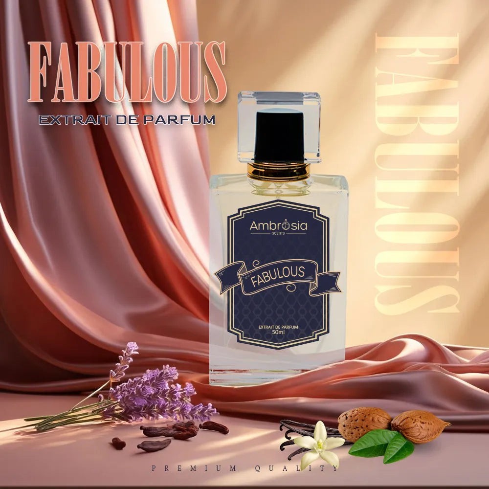 Ambrosia Scents Fabulous Extrait De Parfum, a luxurious fragrance with notes of almond, sage, lavender, leather, vanilla, amber, wood, and tonka bean.