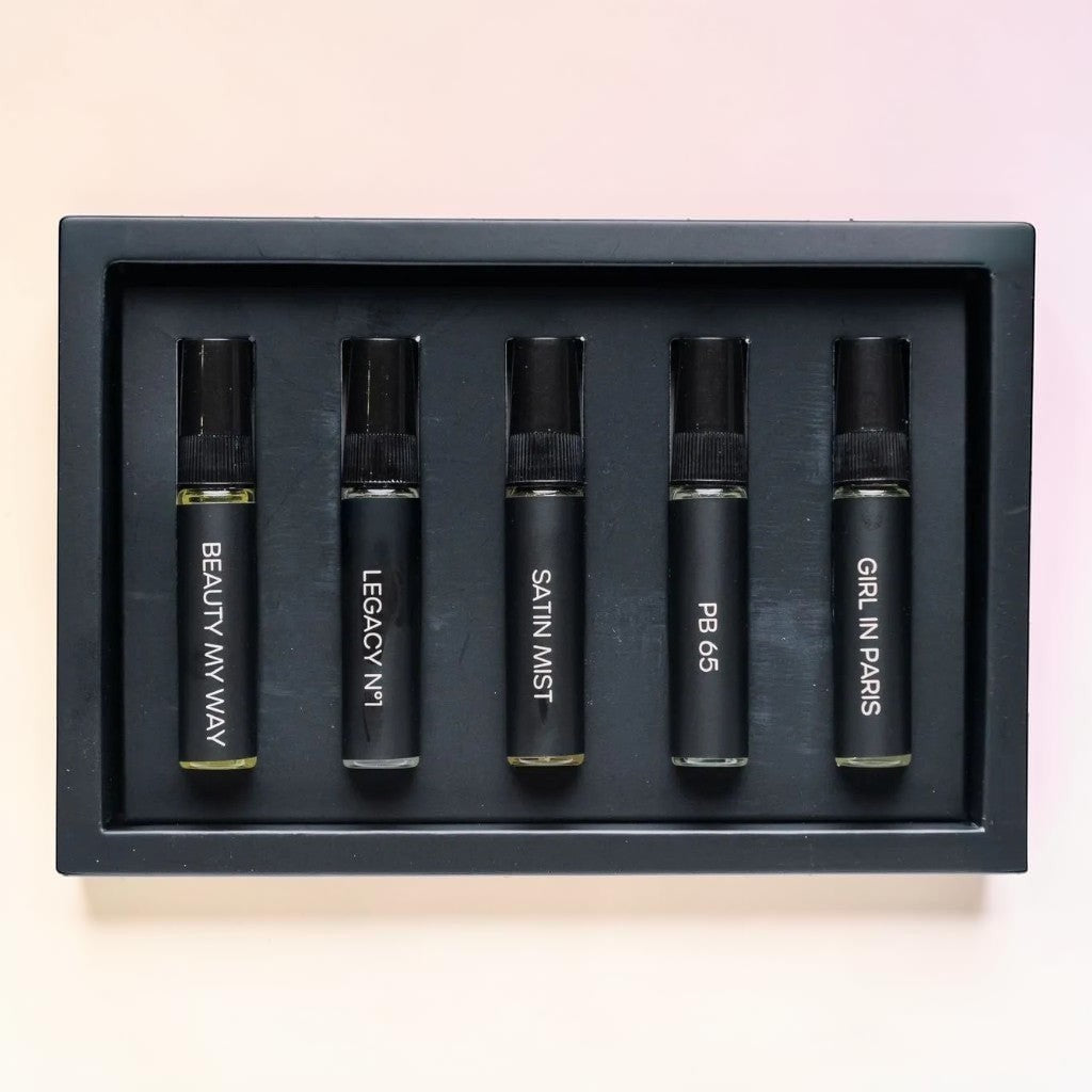 Ambrosia Scents Fragrance Testers Collection: five 5ml perfume sample vials in black bottles with white text.
