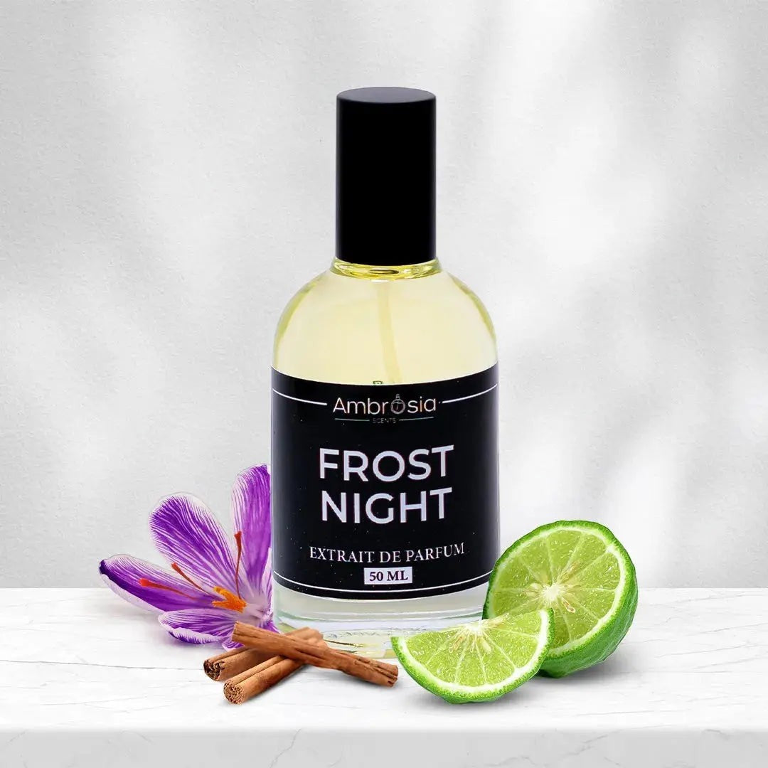 Ambrosia Scents Frost Night Extrait De Parfum 50ml bottle with saffron, cinnamon, and lime accents.
