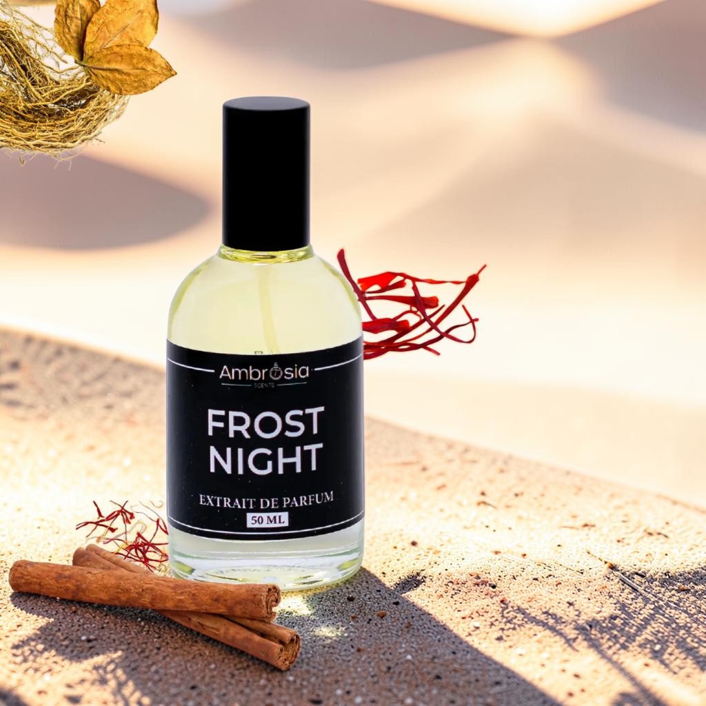 Ambrosia Scents Frost Night Extrait De Parfum 50ml bottle with saffron and cinnamon accents.