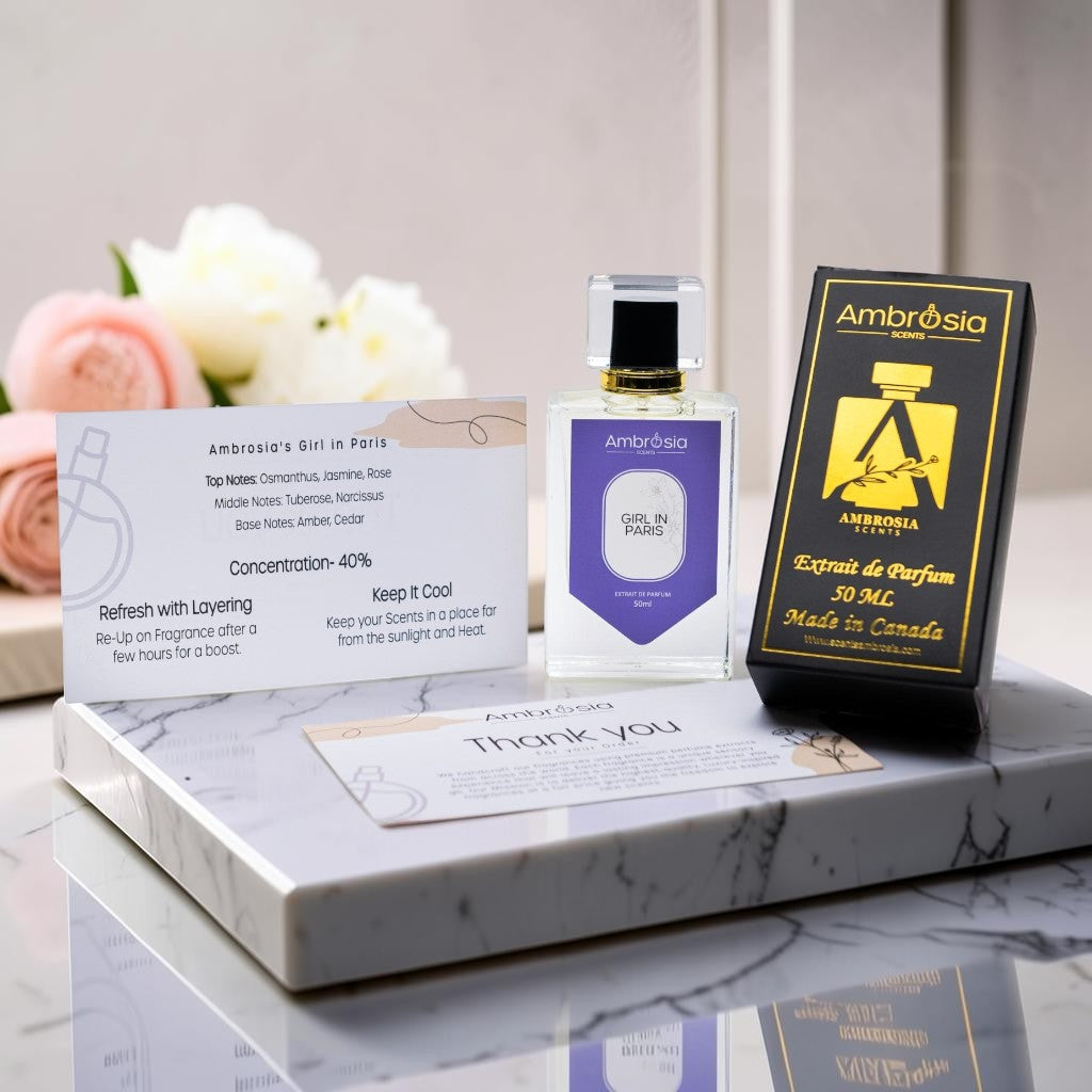 Ambrosia Scents Girl In Paris Extrait De Parfum 50ml bottle with floral notes of osmanthus, jasmine, rose, tuberose, narcissus, amber, and cedar.