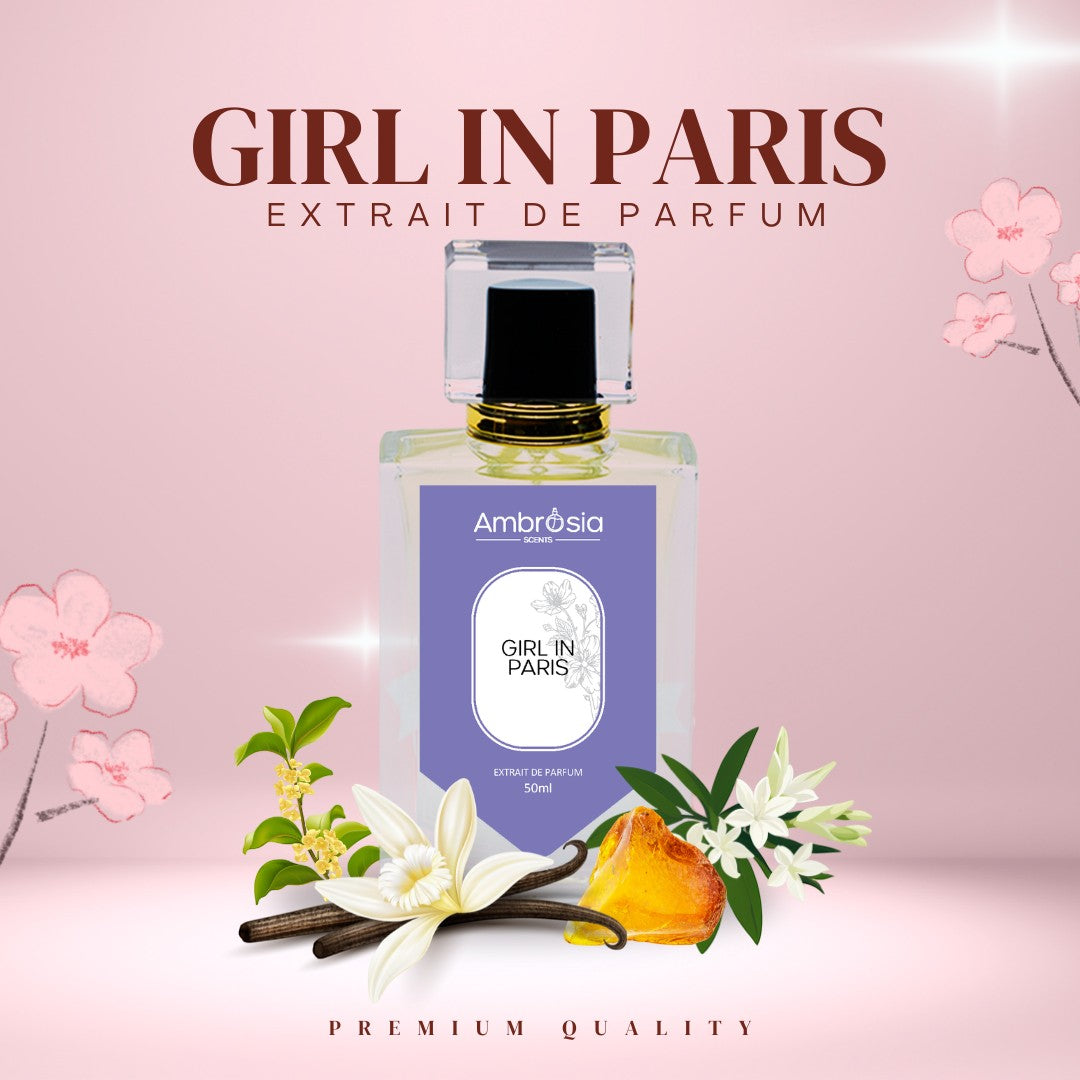 Ambrosia Scents Girl In Paris Extrait De Parfum 50ml bottle with floral notes of osmanthus, jasmine, rose, tuberose, narcissus, amber, and cedar.