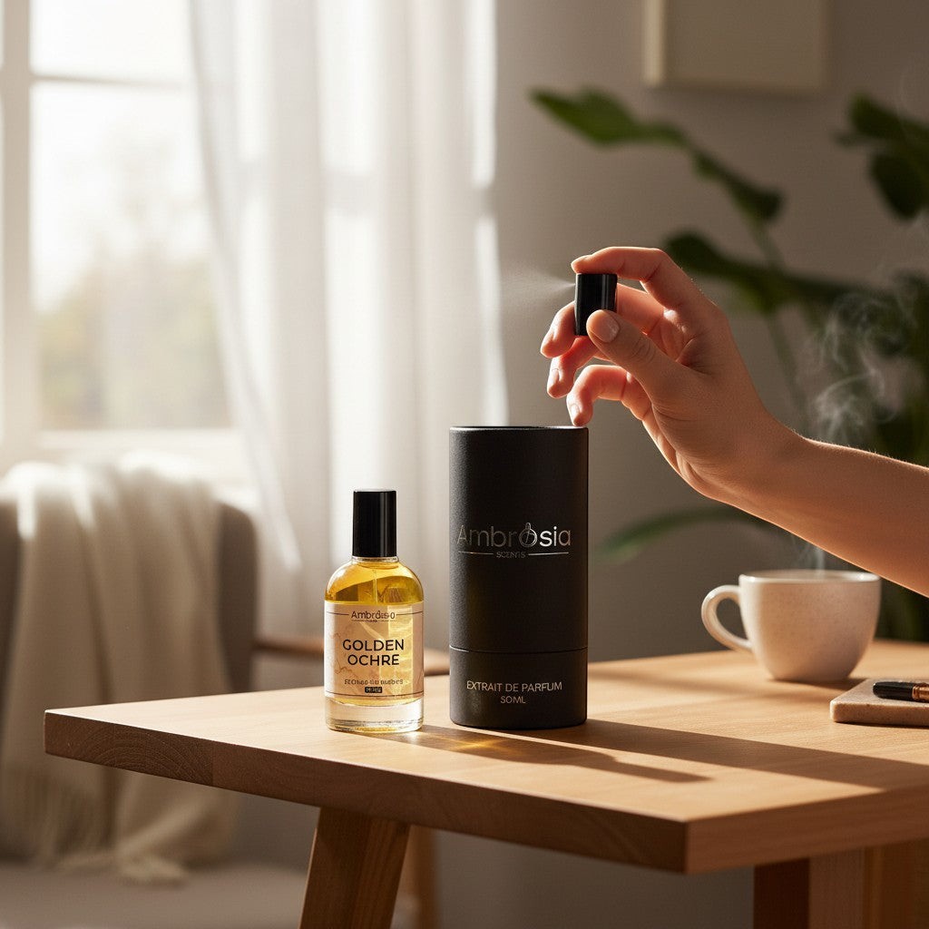 Ambrosia Scents Golden Ochre Extrait De Parfum bottle and packaging on a wooden table. Hand spraying perfume.