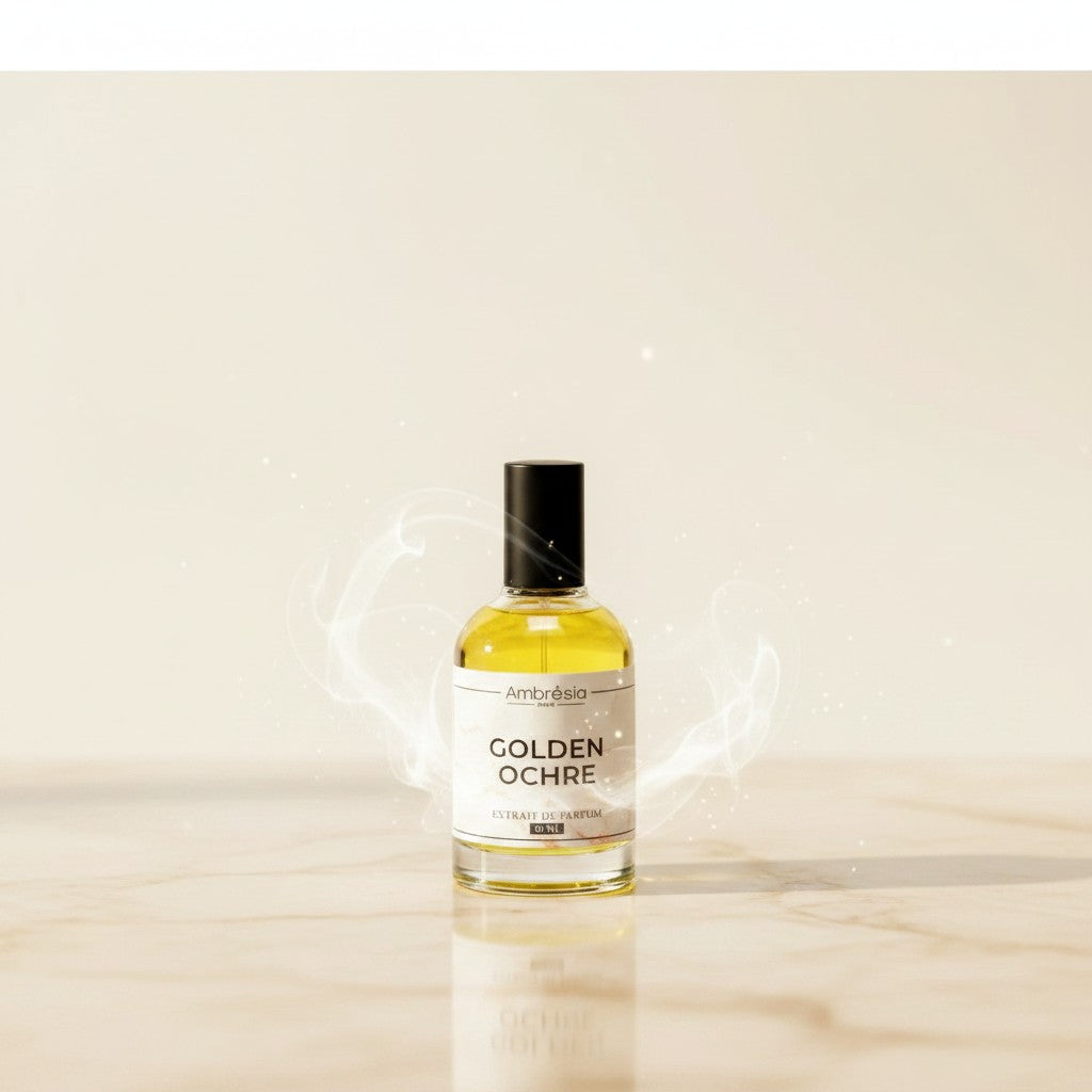 Ambrosia Scents Golden Ochre Extrait De Parfum, a luxurious amber floral fragrance in a clear glass bottle with a black cap. The golden liquid is visible.