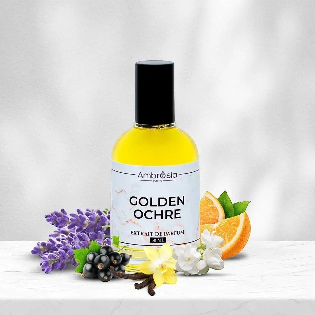 Ambrosia Scents Golden Ochre Extrait De Parfum bottle with lavender, blackcurrants, orange slices, vanilla, and white flowers.
