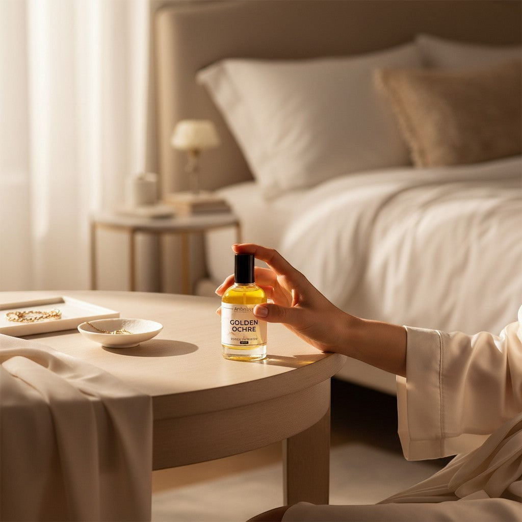 Ambrosia Scents Golden Ochre Extrait De Parfum in a clear glass bottle with a black cap, held by a hand.