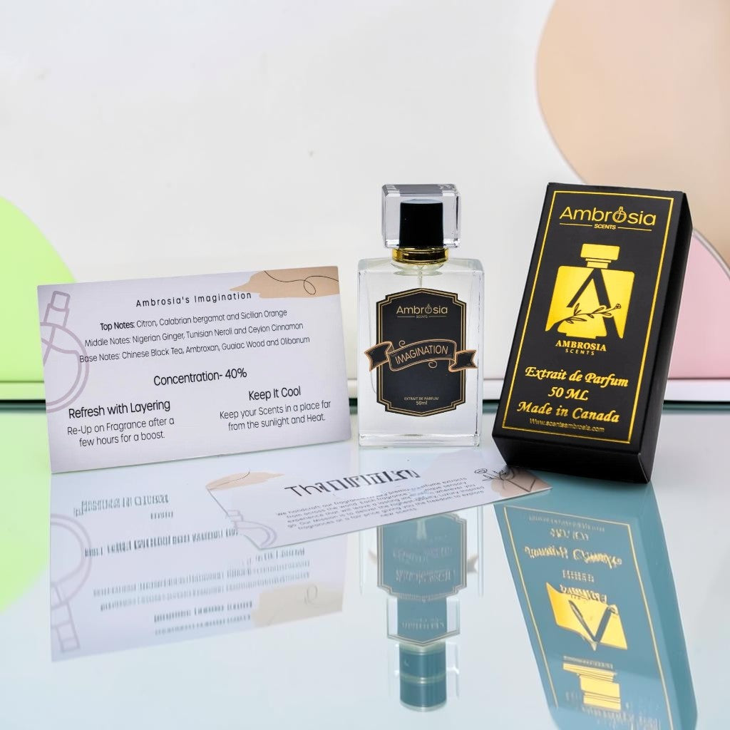 Ambrosia Scents Imagination Extrait De Parfum for men and women, 50ml bottle with black and gold packaging. Citrus and tea notes.