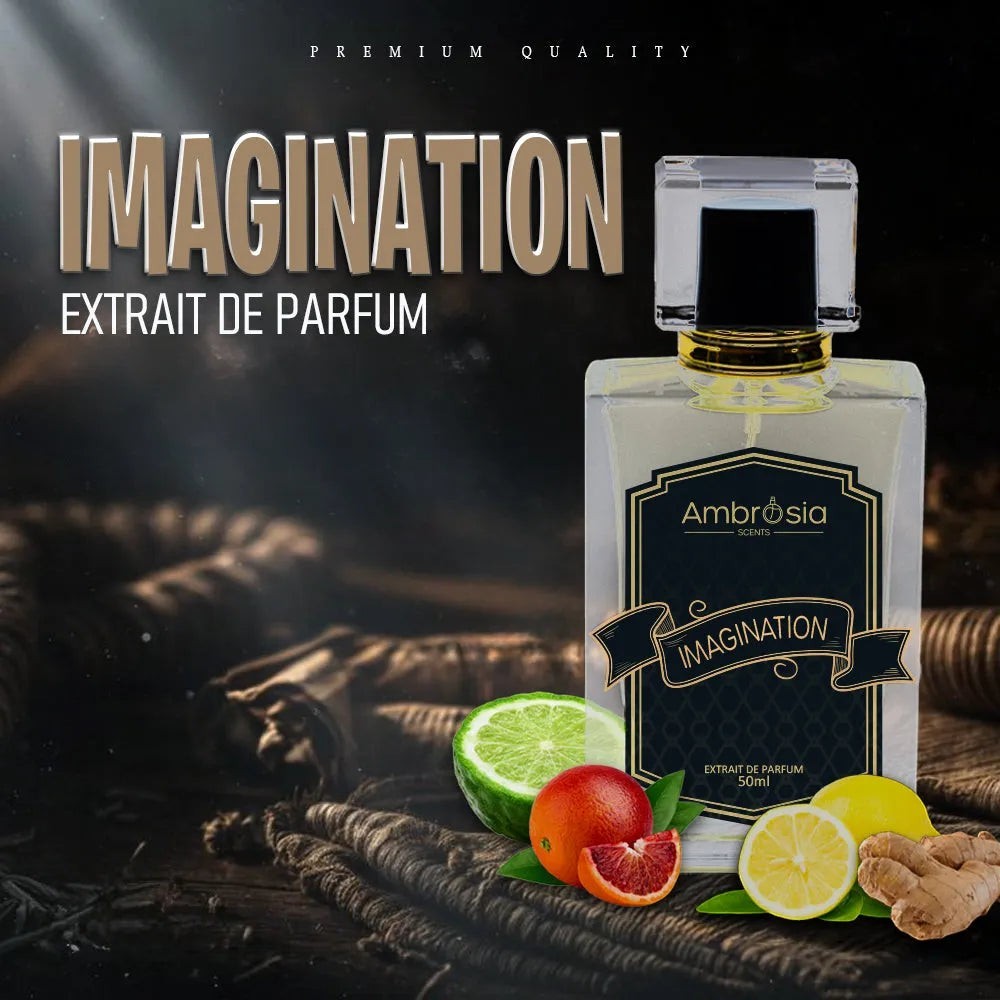 Ambrosia Scents Imagination Extrait De Parfum for men and women, featuring citrus notes of bergamot, orange, lemon, and ginger.