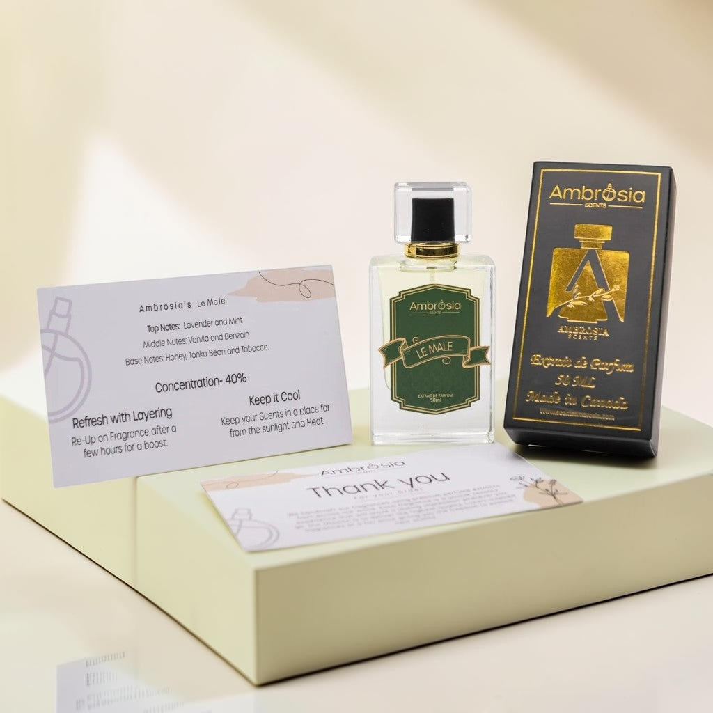 Ambrosia Scents Le Male Extrait De Parfum 50ml bottle with green label and gold accents, alongside its black packaging.