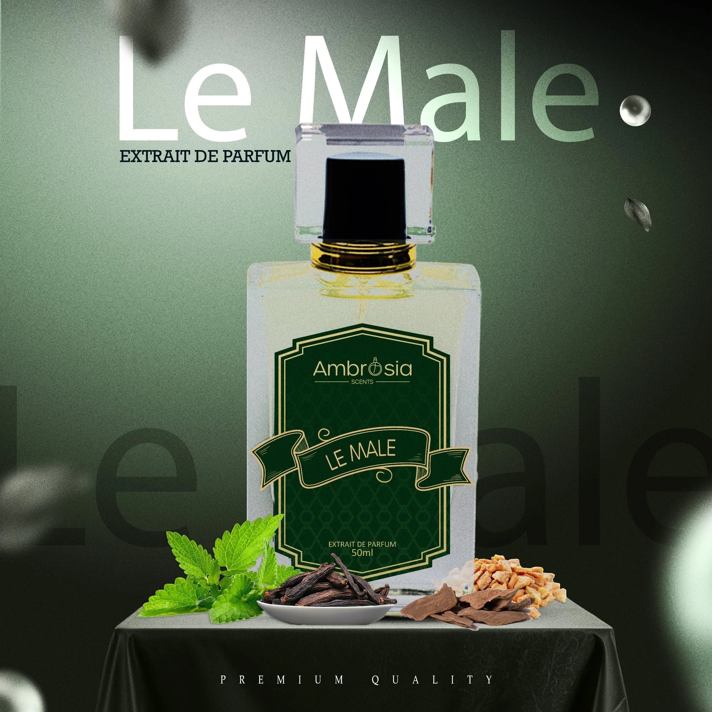 Ambrosia Scents Le Male Extrait De Parfum 50ml for men, featuring lavender, mint, vanilla, tobacco notes.