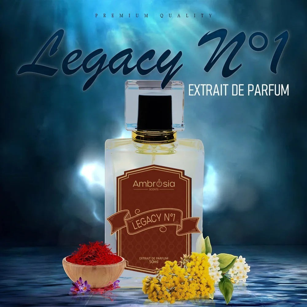 Ambrosia Scents Legacy Number One Extrait De Parfum 50ml bottle with saffron and floral accents.
