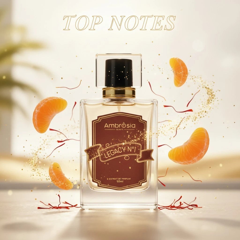 Ambrosia Scents Legacy Number One Extrait De Parfum bottle with citrus notes and saffron threads.