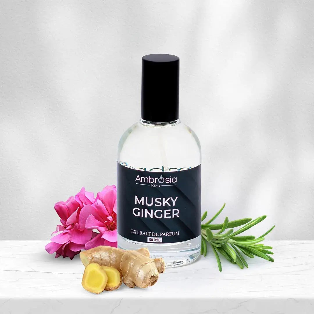 Ambrosia Scents Musky Ginger Eau De Parfum 50ml bottle with ginger root and pink flower accents.