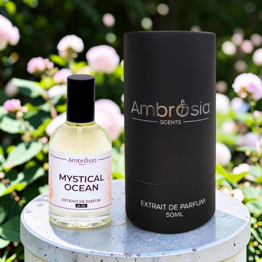 Ambrosia Scents Mystical Ocean Extrait De Parfum 50ml bottle with citrus and ambergris notes.