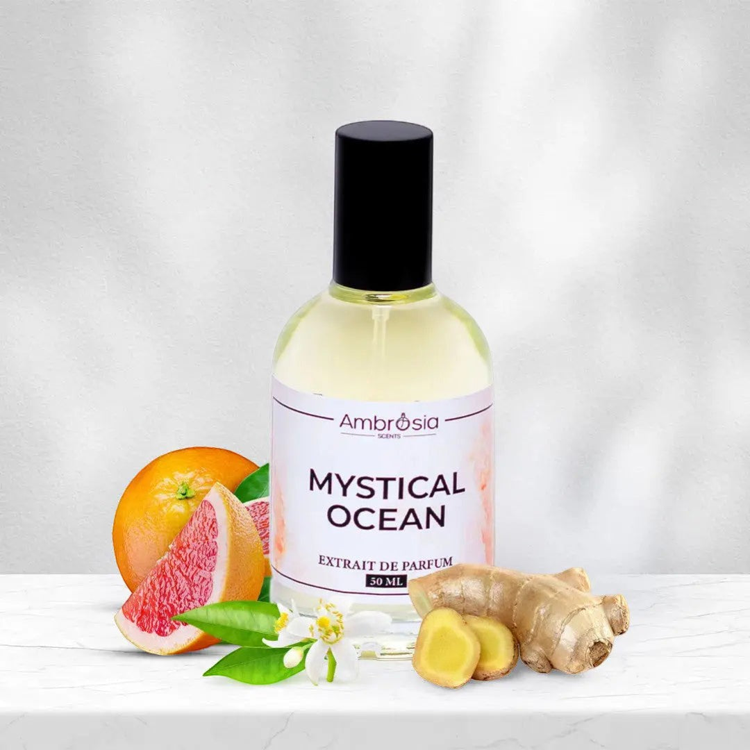 Ambrosia Scents Mystical Ocean Extrait De Parfum 50ml bottle with grapefruit and ginger accents.