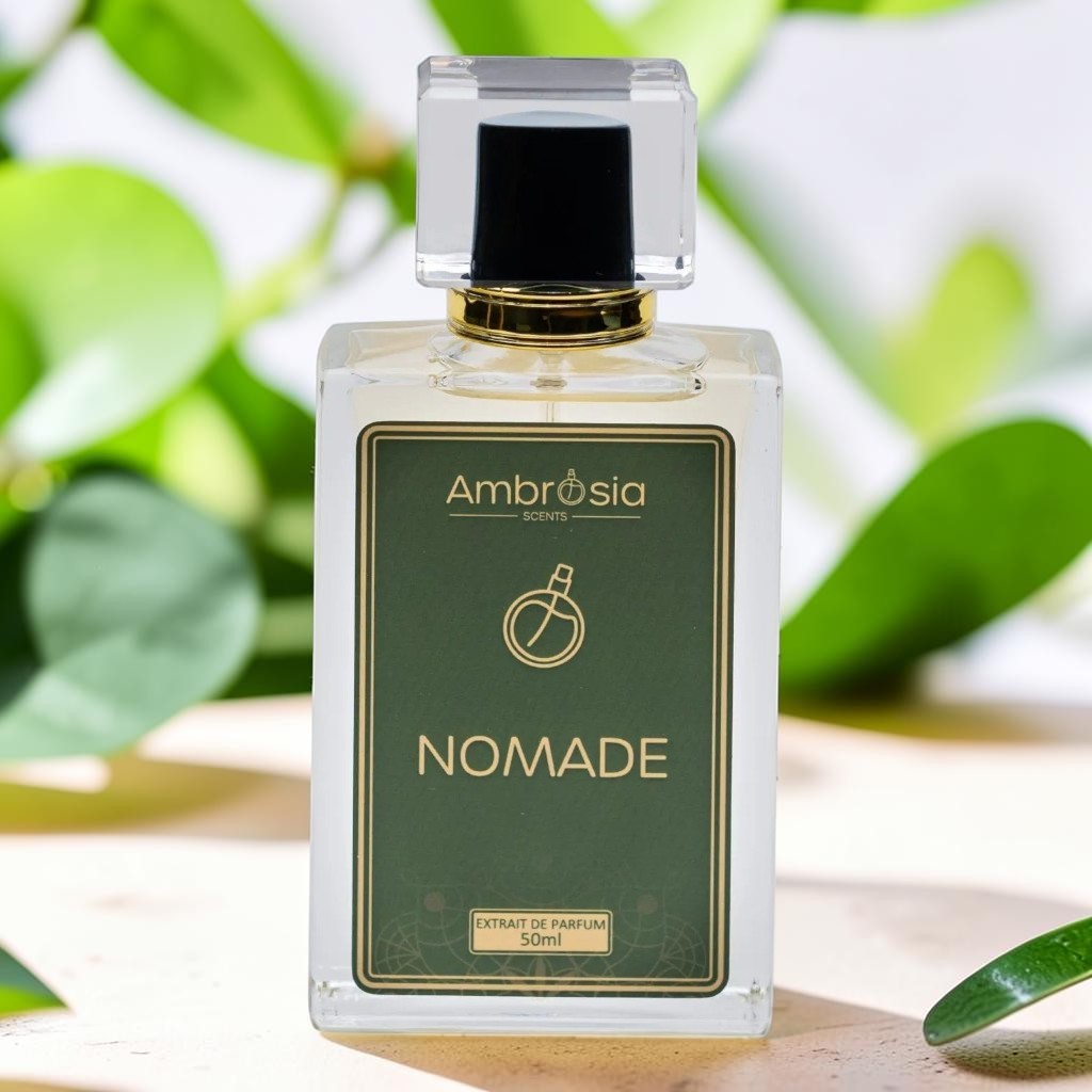 Ambrosia Scents Nomade Extrait De Parfum 50ml bottle with Agarwood, Rose, and Saffron notes.