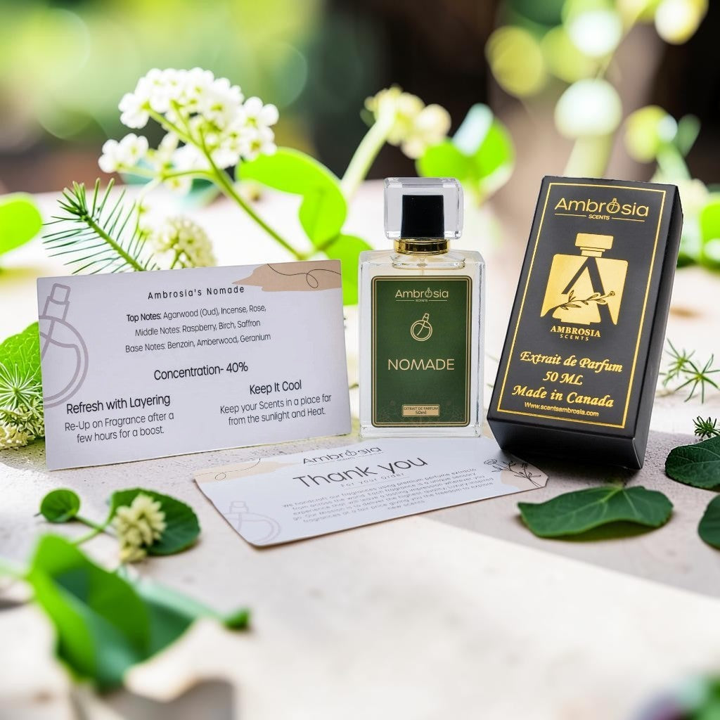 Ambrosia Scents Nomade Extrait De Parfum 50ml bottle with black and gold box, featuring Agarwood, Rose, and Saffron notes.