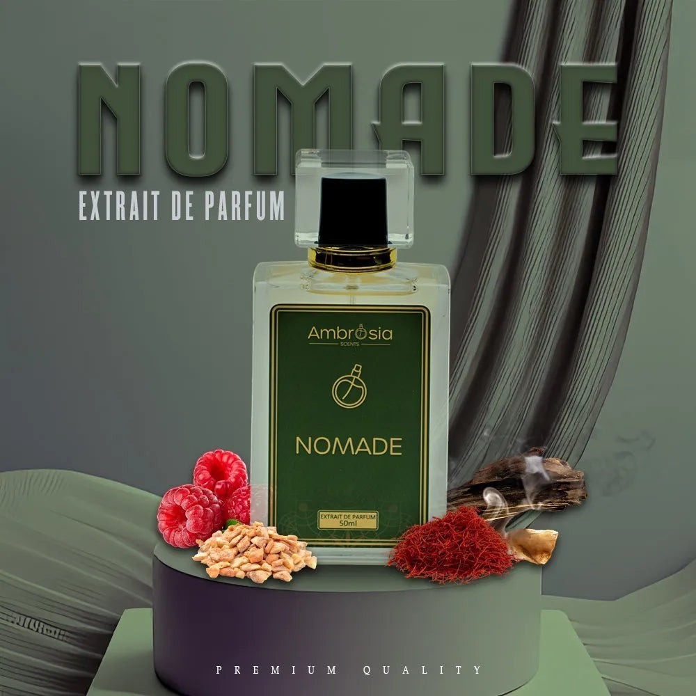 Ambrosia Scents Nomade Extrait De Parfum bottle with saffron, birch wood, and raspberries.