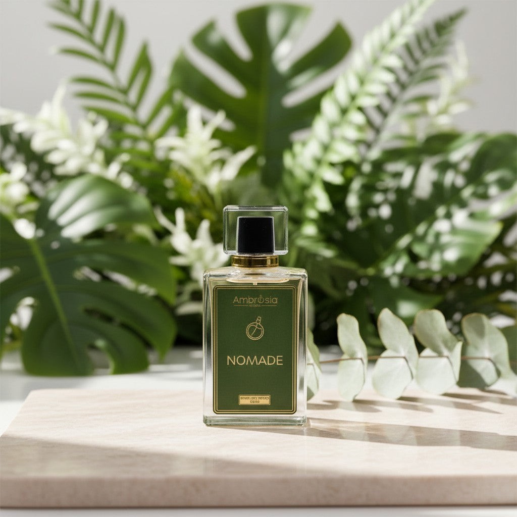 Ambrosia Scents Nomade Extrait De Parfum, a sophisticated fragrance with Agarwood, Rose, and Benzoin notes.