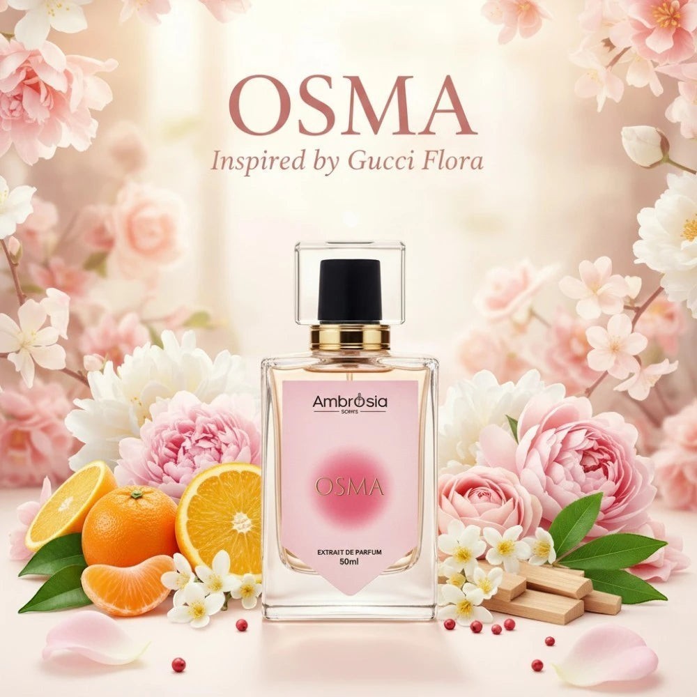 Ambrosia Scents Osma Extrait De Parfum for Women, a floral and fruity fragrance inspired by Gucci Flora.