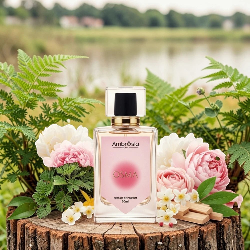 Ambrosia Scents Osma Extrait De Parfum for Women, a floral and fruity fragrance in a clear glass bottle with a pink label.