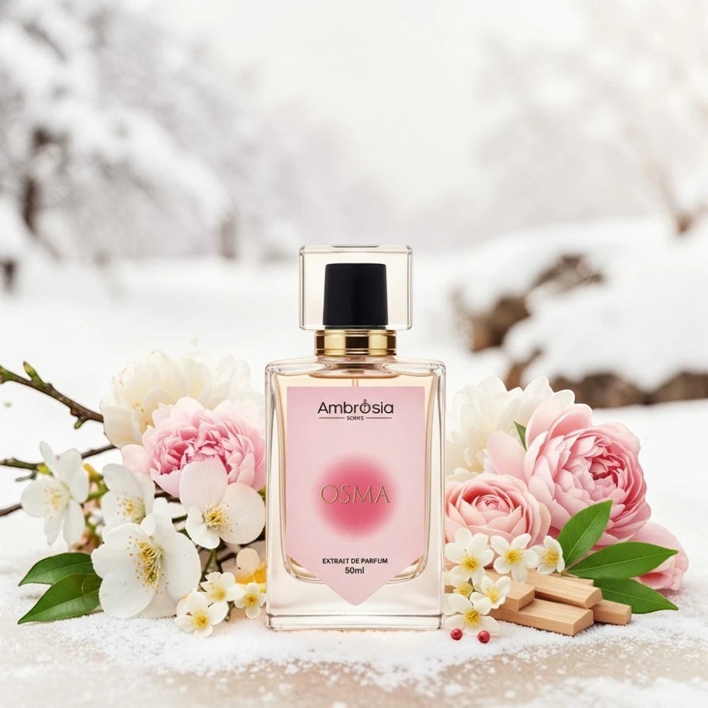 Ambrosia Scents Osma Extrait De Parfum for Women, a floral and fruity fragrance in a clear glass bottle with a pink label.