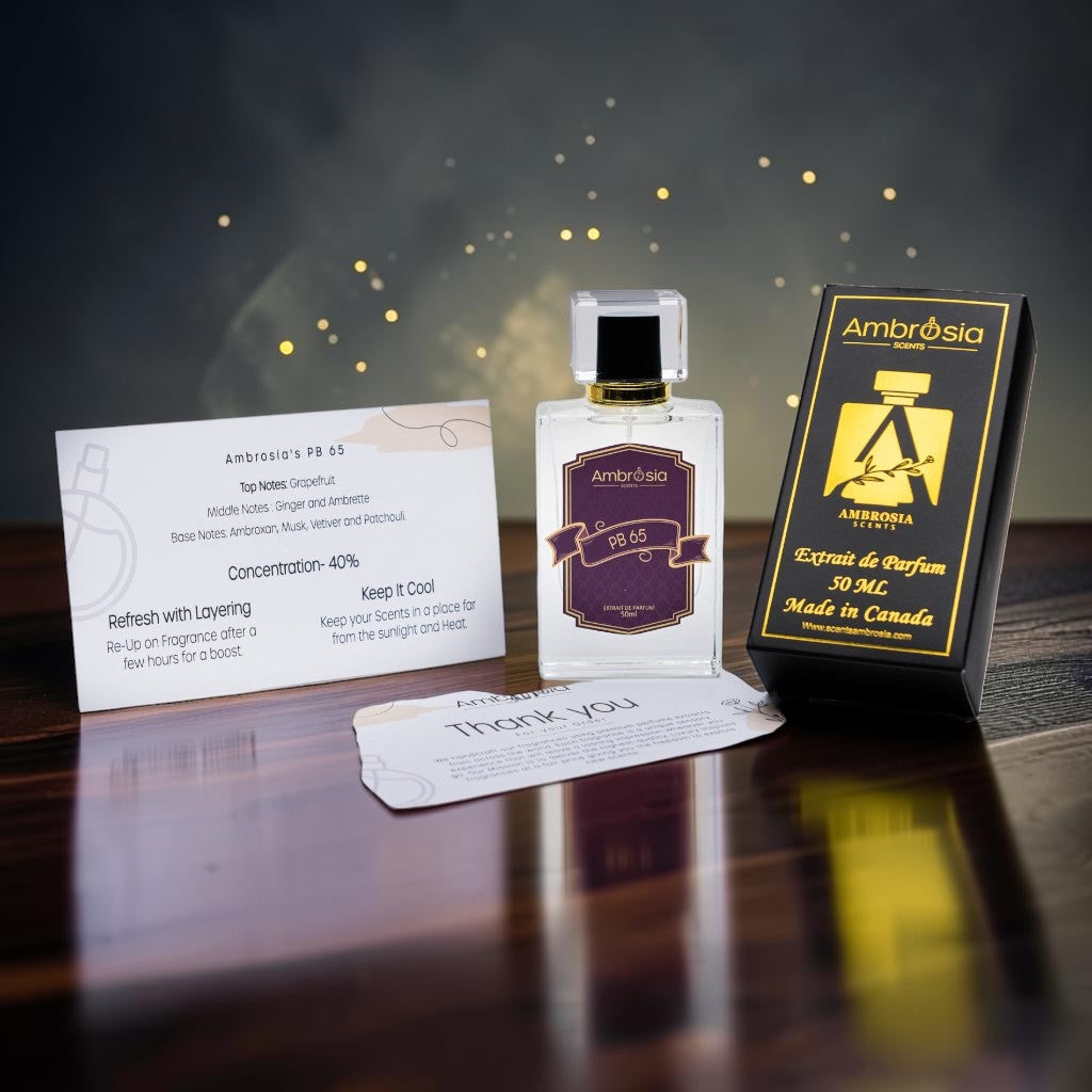 Ambrosia Scents PB 65 Extrait De Parfum, 50ml bottle with grapefruit, ginger, musk, vetiver, and patchouli notes. 40% concentration.
