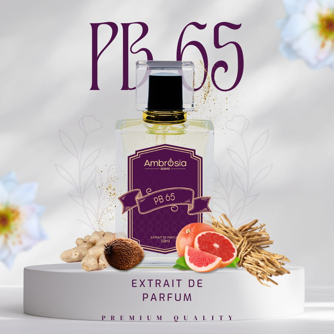 Ambrosia Scents PB 65 Extrait De Parfum, a luxurious fragrance with grapefruit, ginger, ambroxan, musk, vetiver, and patchouli notes.