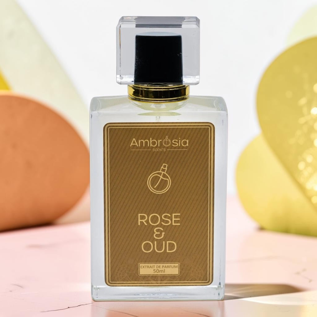 Ambrosia Scents Rose & Oud Extrait De Parfum 50ml, a luxurious fragrance with rose and oud notes.
