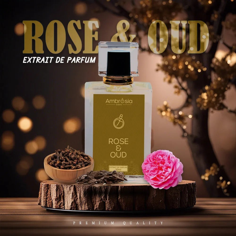 Ambrosia Scents Rose & Oud Extrait De Parfum, a luxurious fragrance with Damask rose, oud, and clove notes. 50ml bottle.
