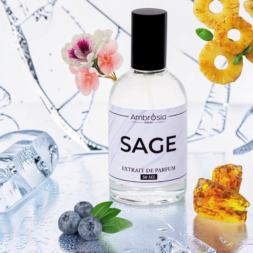 Ambrosia Scents Sage Extrait De Parfum 50ml bottle with notes of sage, juniper berry, amber wood, pineapple, and flowers.