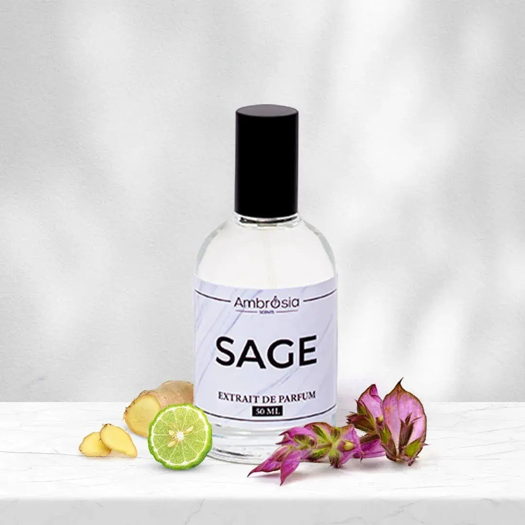 Ambrosia Scents Sage Extrait De Parfum 50ml bottle with bergamot, ginger, and sage flowers.